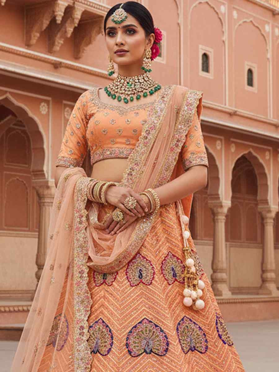 Peach Georgette Embroidered Wedding Reception Festival Heavy Border Lehenga Choli
