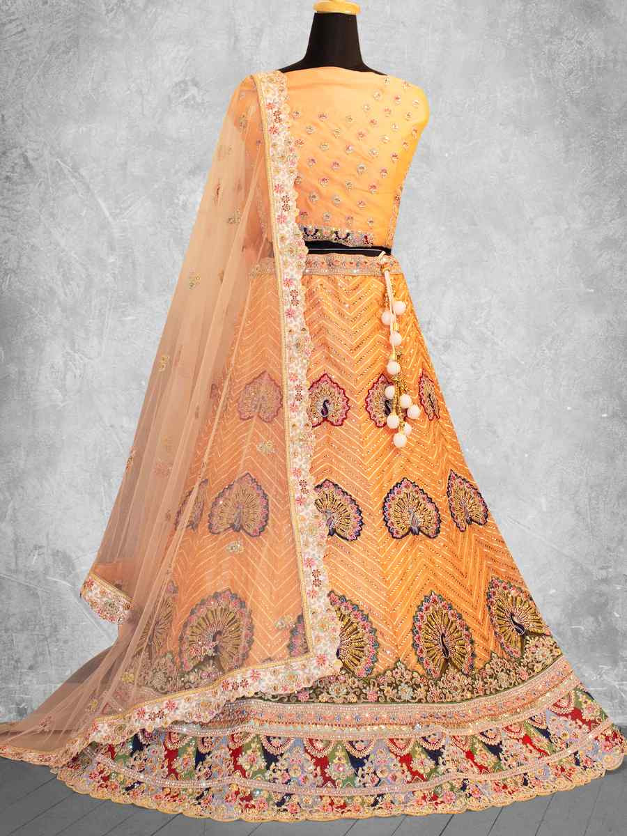 Peach Georgette Embroidered Wedding Reception Festival Heavy Border Lehenga Choli