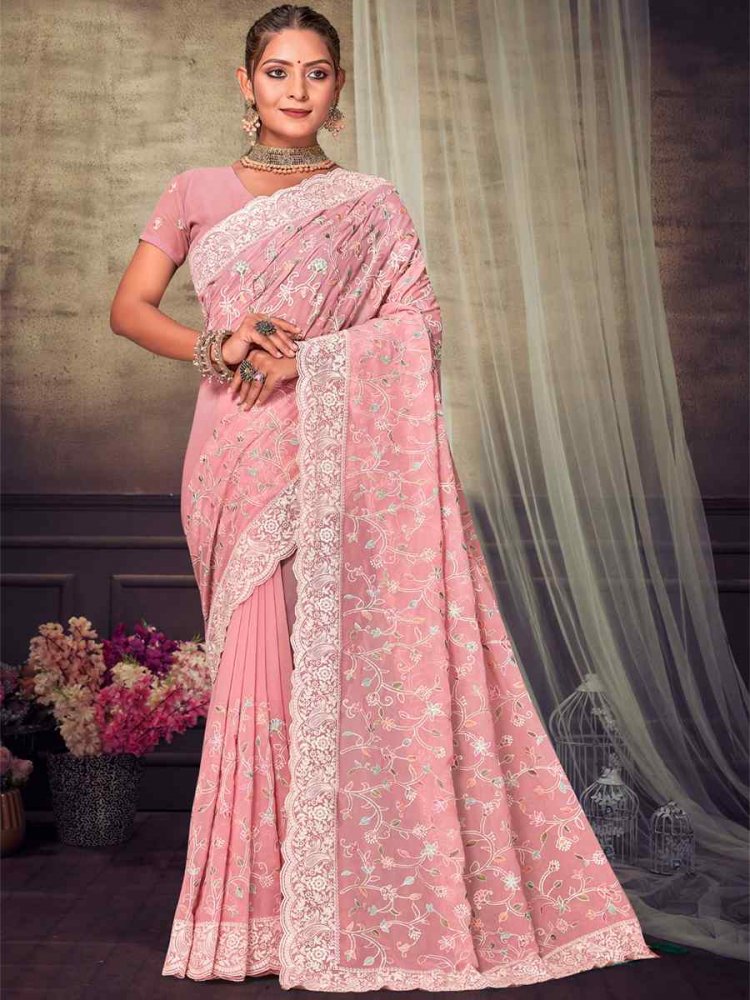 Peach Georgette Embroidered Wedding Reception Heavy Border Saree