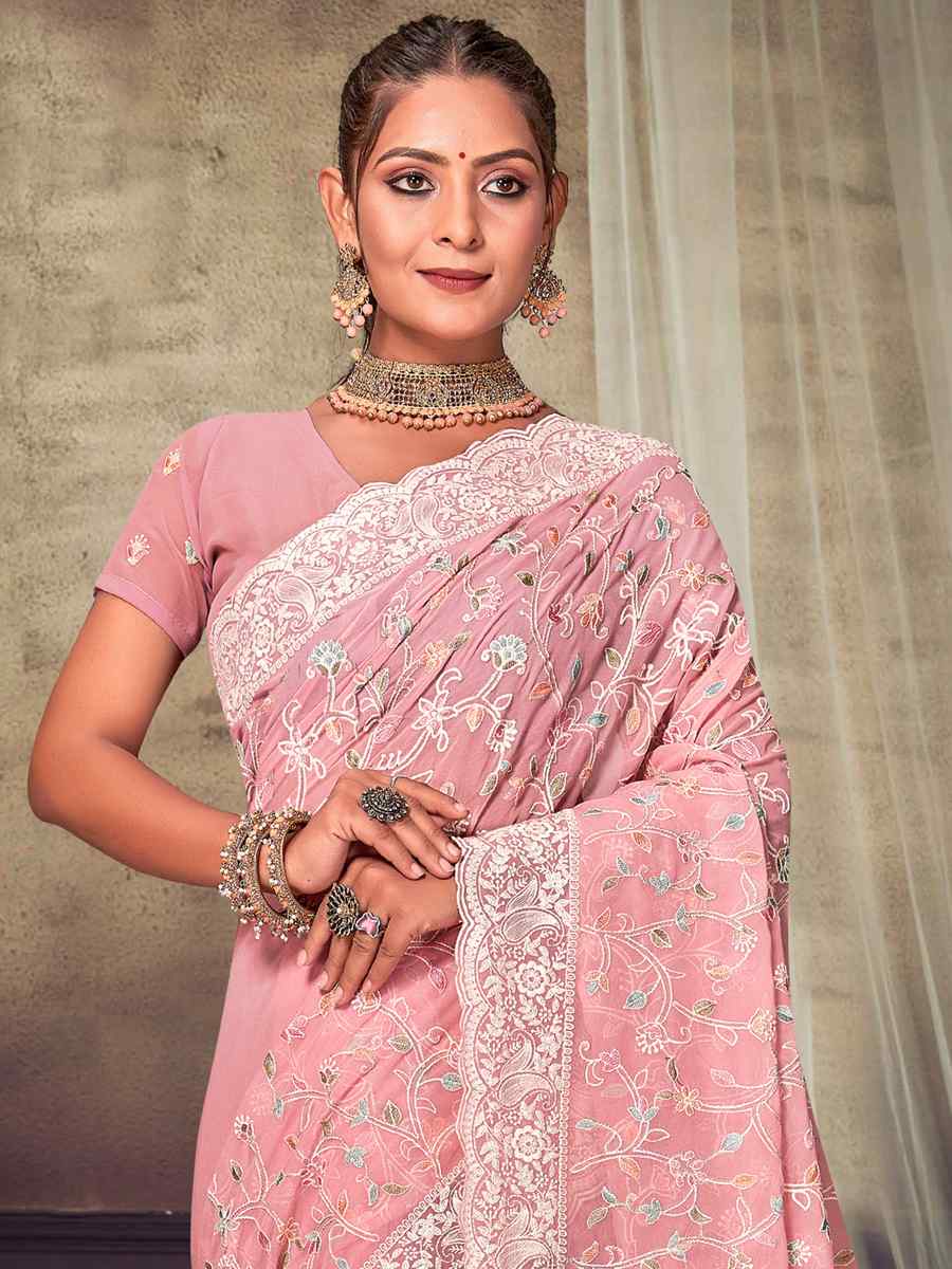 Peach Georgette Embroidered Wedding Reception Heavy Border Saree
