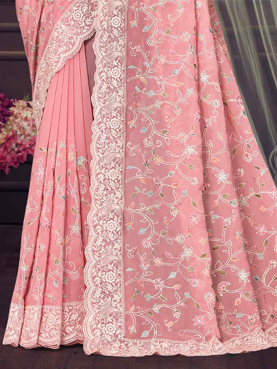 Peach Georgette Embroidered Wedding Reception Heavy Border Saree