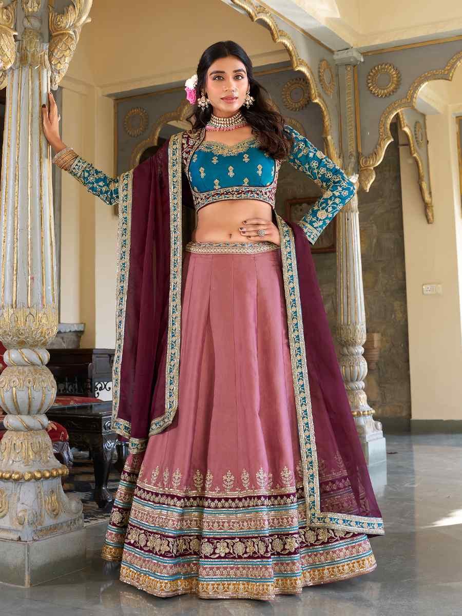 Peach Georgette Embroidery Reception Party Wear Heavy Border Lehenga Choli