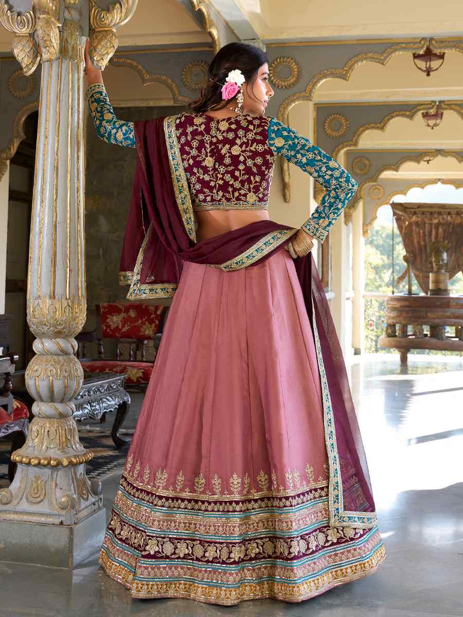 Peach Georgette Embroidery Reception Party Wear Heavy Border Lehenga Choli