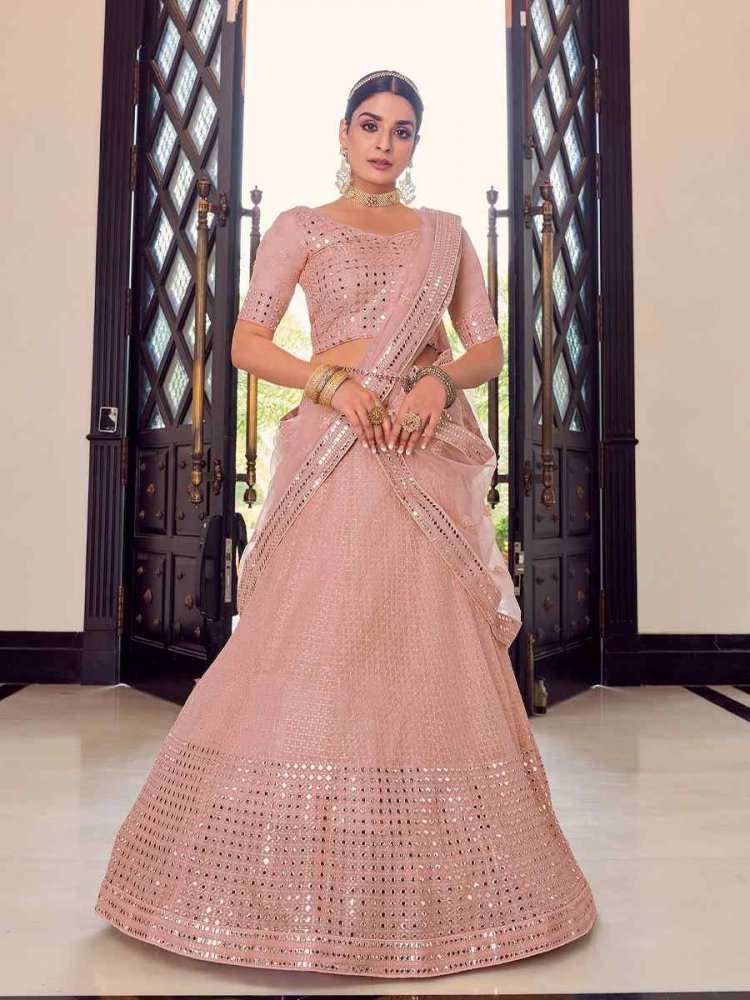 Peach Georgette Sequins Bridal Heavy Border Lehenga Choli