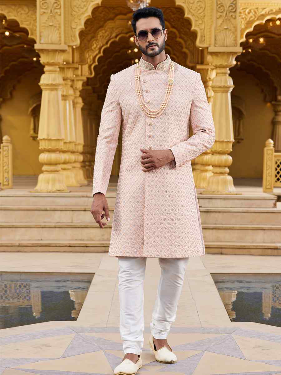 Peach Georgette Woven Wedding Groom Sherwani