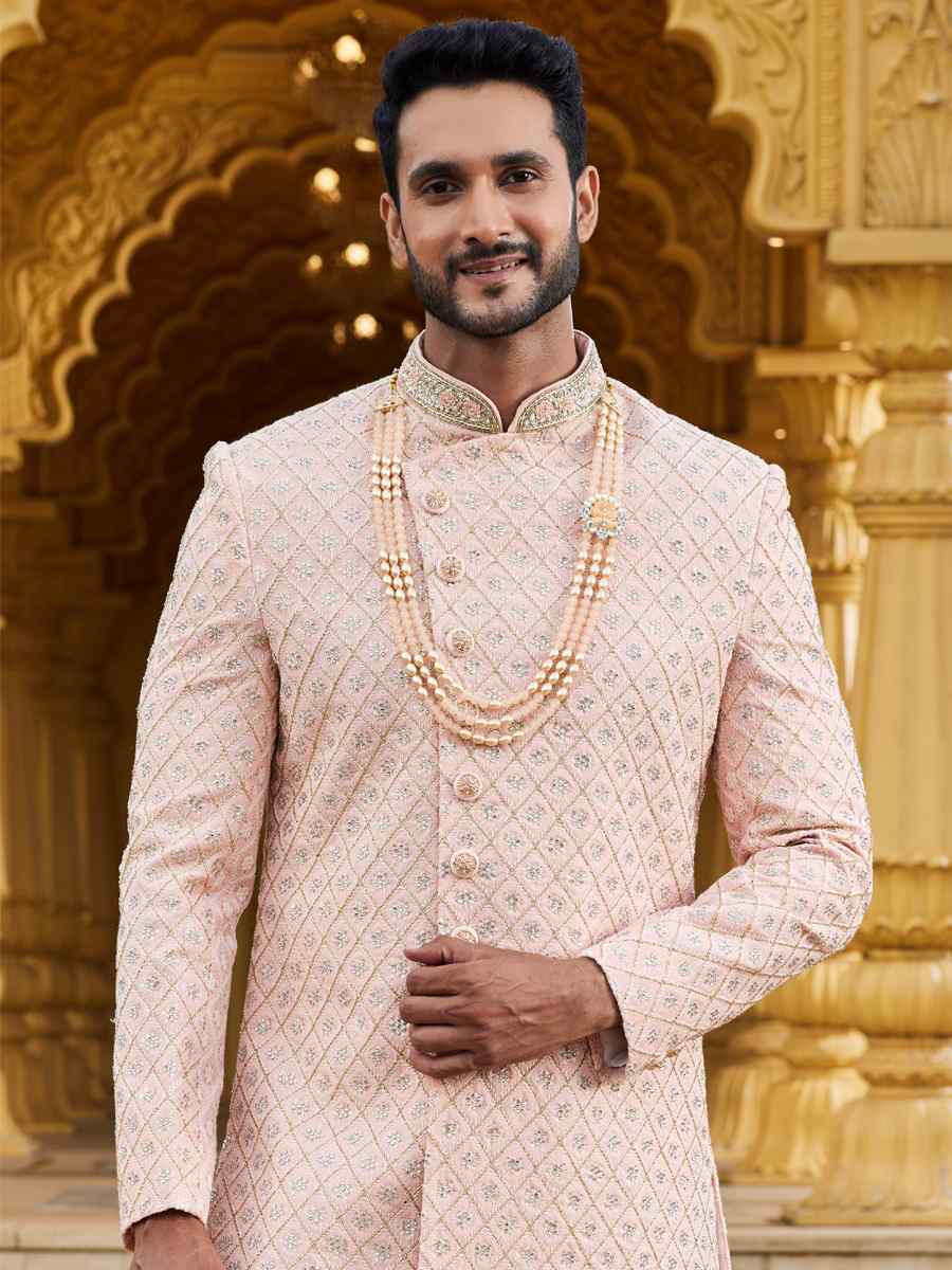 Peach Georgette Woven Wedding Groom Sherwani