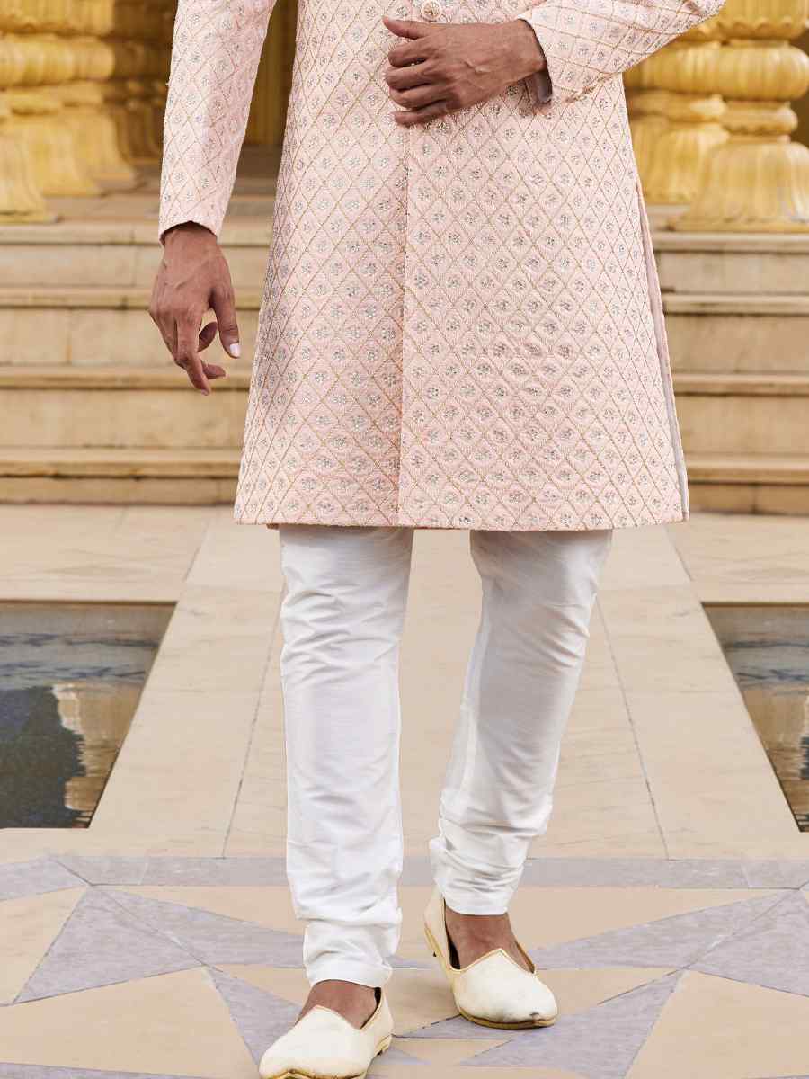 Peach Georgette Woven Wedding Groom Sherwani