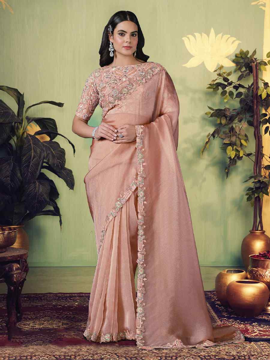 Peach Glace Tissue Embroidery Bridal Reception Party Festival Wedding Fancy Heavy Border Sarees