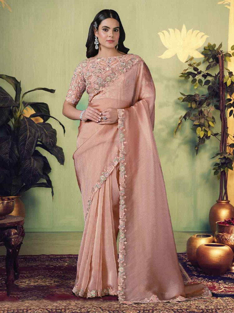 Image of Peach Glace Tissue Embroidery Bridal Reception Party Festival Wedding Fancy Heavy Border Sarees
