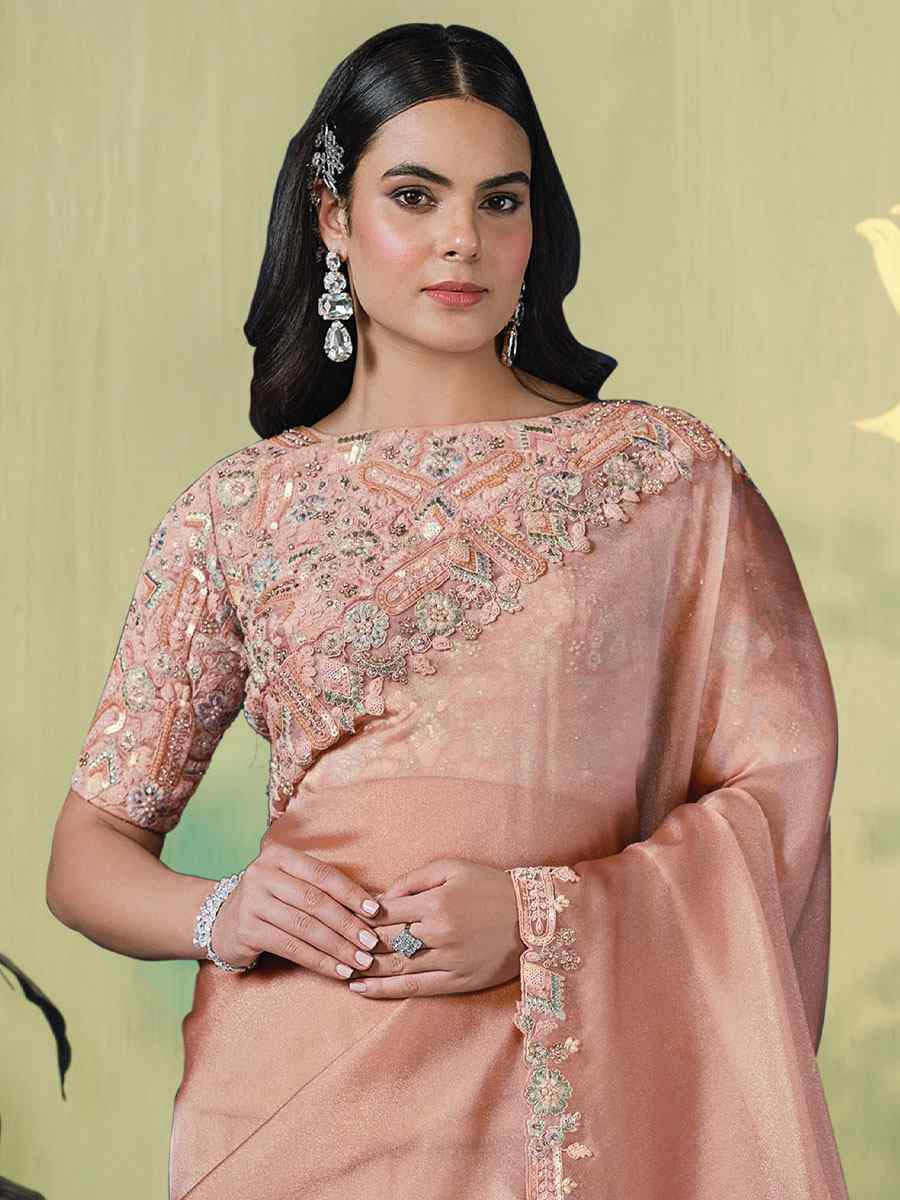 Peach Glace Tissue Embroidery Bridal Reception Party Festival Wedding Fancy Heavy Border Sarees