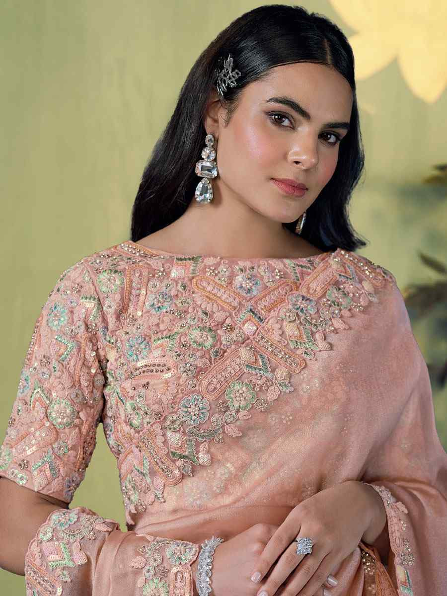 Peach Glace Tissue Embroidery Bridal Reception Party Festival Wedding Fancy Heavy Border Sarees