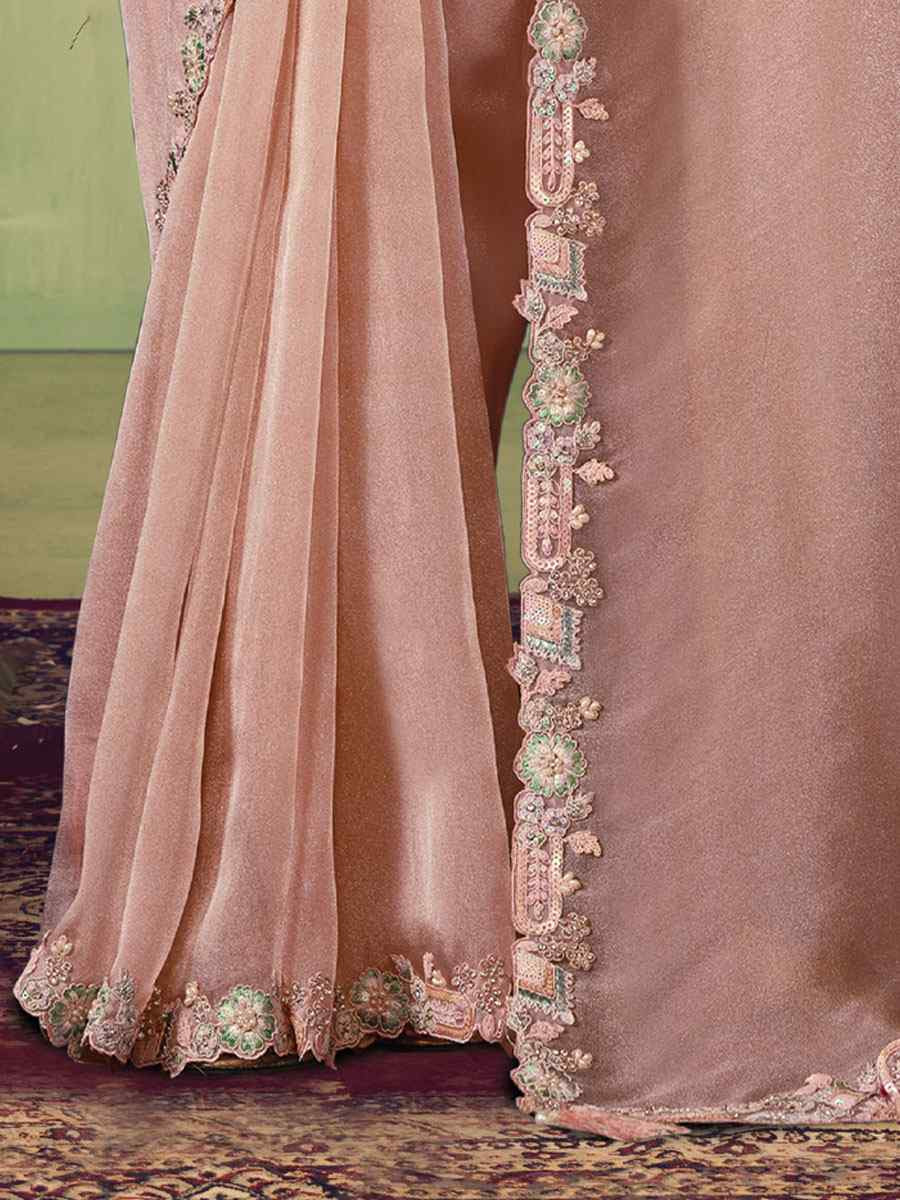 Peach Glace Tissue Embroidery Bridal Reception Party Festival Wedding Fancy Heavy Border Sarees