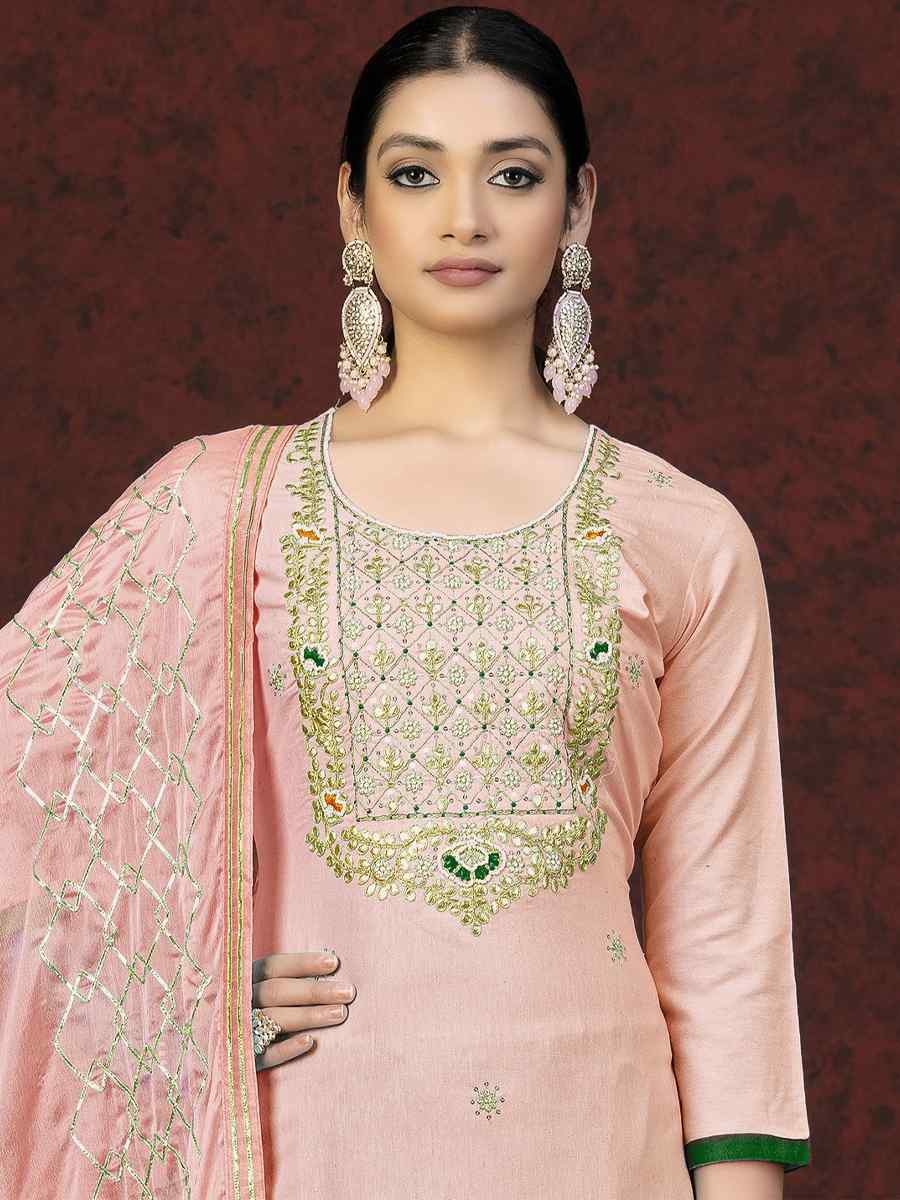 Peach Glass Cotton Embroidered Casual Festival Pant Salwar Kameez