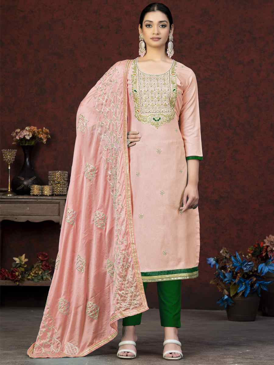 Peach Glass Cotton Embroidered Casual Festival Pant Salwar Kameez