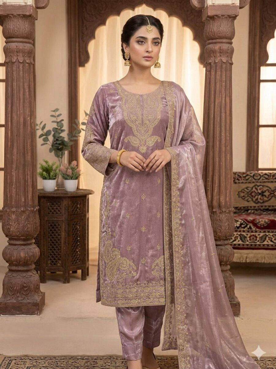 Peach Glass Roman Embroidery Wedding Party Festival Casual Ready Pant Salwar Kameez