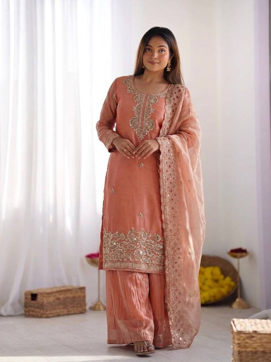 Peach Gmy Choo Silk Embroidery Sequins Zari Wedding Party Festival Casual Palazzo Pant Salwar Kameez