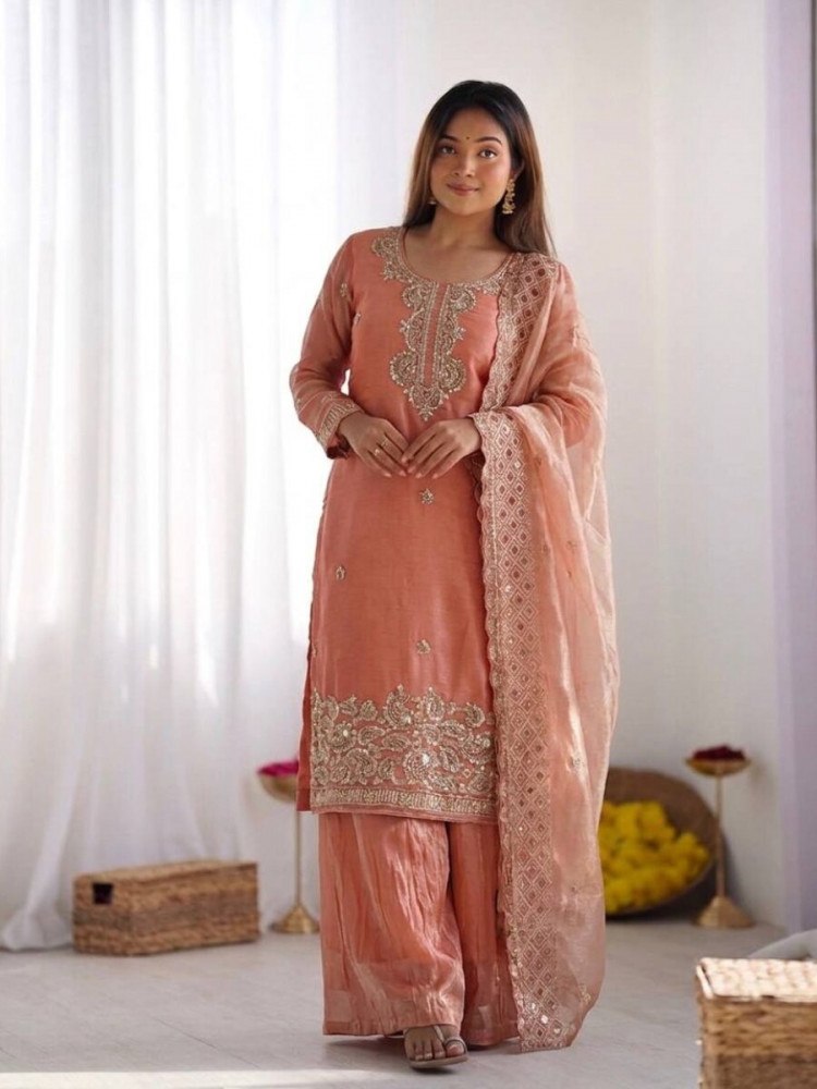 Image of Peach Gmy Choo Silk Embroidery Sequins Zari Wedding Party Festival Casual Palazzo Pant Salwar Kameez