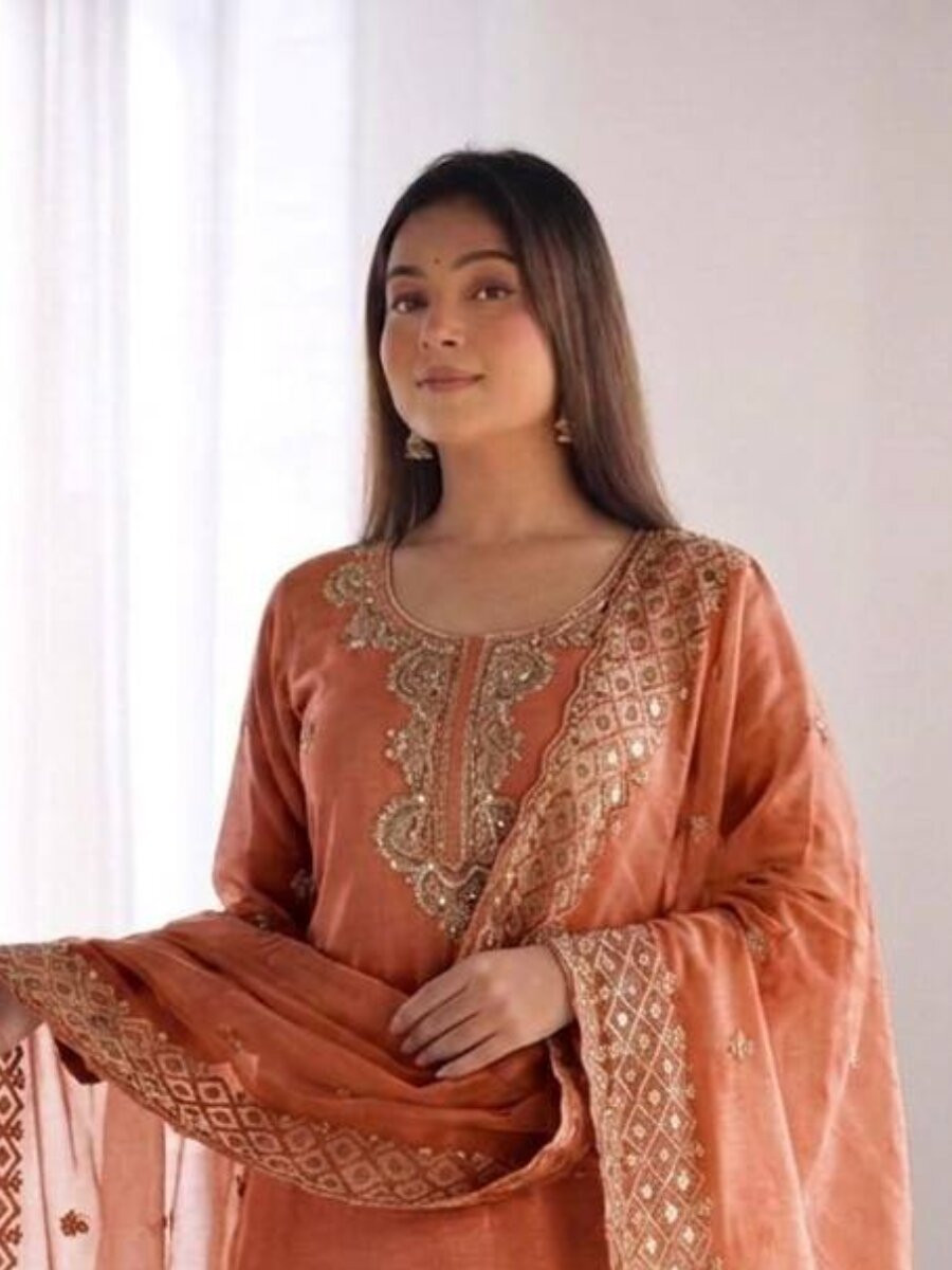 Peach Gmy Choo Silk Embroidery Sequins Zari Wedding Party Festival Casual Palazzo Pant Salwar Kameez