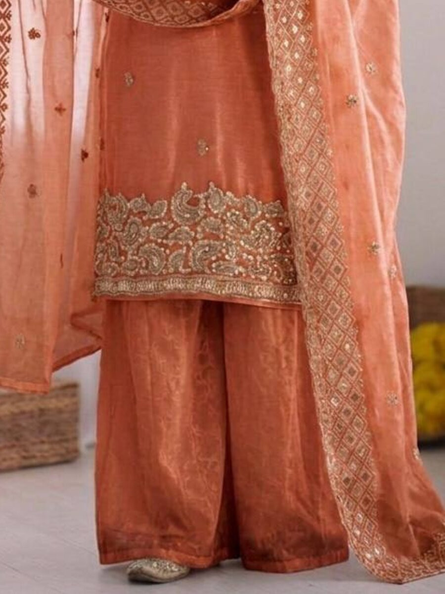 Peach Gmy Choo Silk Embroidery Sequins Zari Wedding Party Festival Casual Palazzo Pant Salwar Kameez