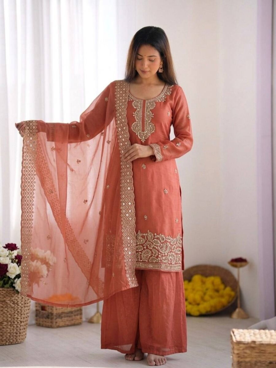 Peach Gmy Choo Silk Embroidery Sequins Zari Wedding Party Festival Casual Palazzo Pant Salwar Kameez