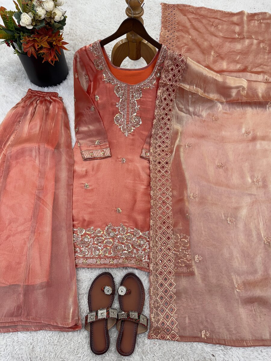 Peach Gmy Choo Silk Embroidery Sequins Zari Wedding Party Festival Casual Palazzo Pant Salwar Kameez