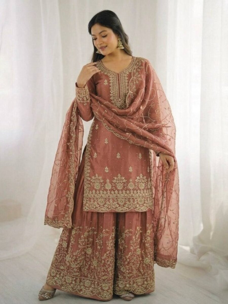 Peach GMY Silk Embroidery Sequins Wedding Party Festival Casual Ready Palazzo Pant Salwar Kameez