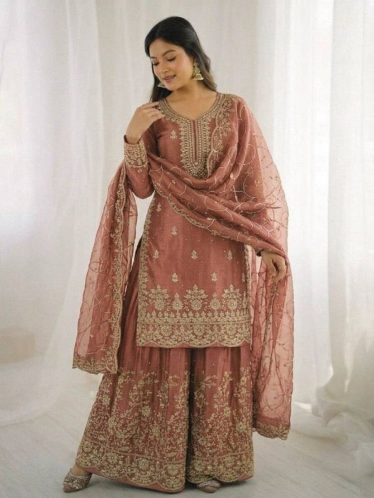 Image of Peach GMY Silk Embroidery Sequins Wedding Party Festival Casual Ready Palazzo Pant Salwar Kameez