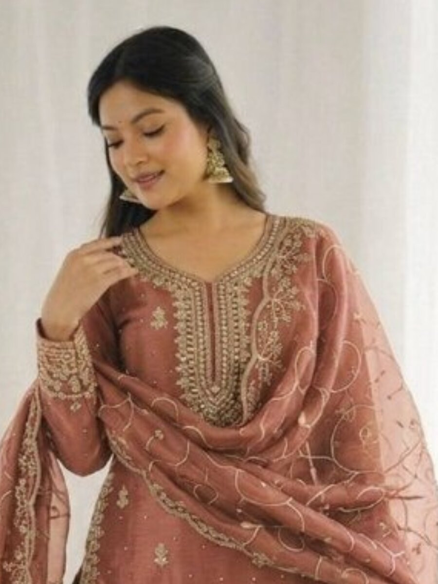 Peach GMY Silk Embroidery Sequins Wedding Party Festival Casual Ready Palazzo Pant Salwar Kameez