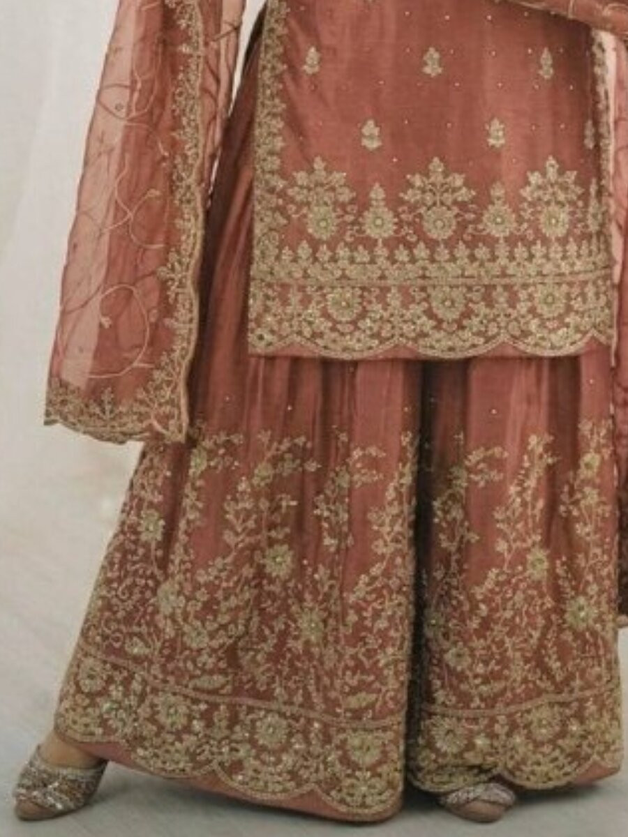 Peach GMY Silk Embroidery Sequins Wedding Party Festival Casual Ready Palazzo Pant Salwar Kameez