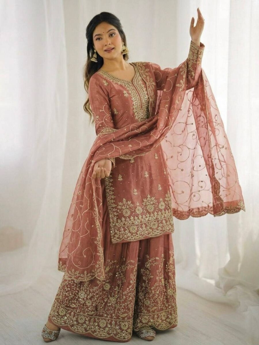 Peach GMY Silk Embroidery Sequins Wedding Party Festival Casual Ready Palazzo Pant Salwar Kameez