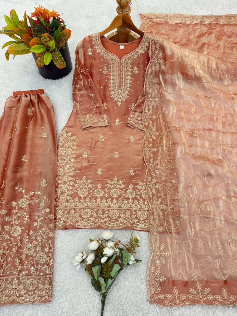 Peach GMY Silk Embroidery Sequins Wedding Party Festival Casual Ready Palazzo Pant Salwar Kameez