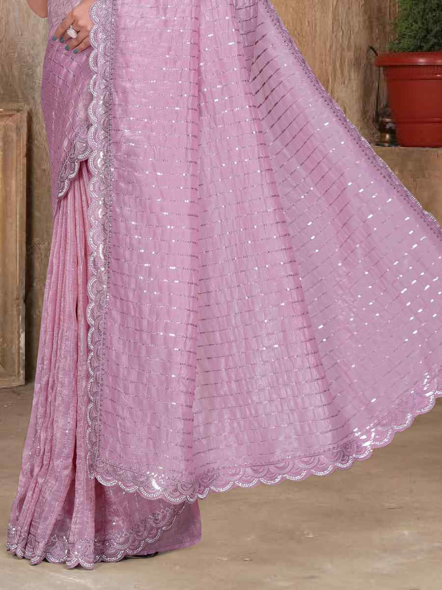 Peach Gold Cruch Silk Embroidered Festival Wedding Fancy Heavy Border Saree