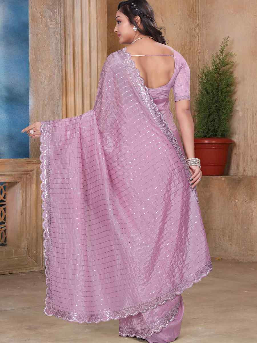 Peach Gold Cruch Silk Embroidered Festival Wedding Fancy Heavy Border Saree