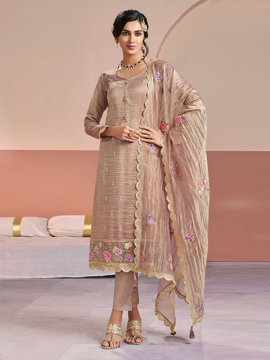 Peach Gold Silk Embroidery Wedding Party Festival Casual Pant Salwar Kameez