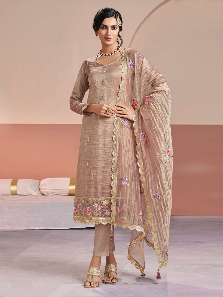 Image of Peach Gold Silk Embroidery Wedding Party Festival Casual Pant Salwar Kameez