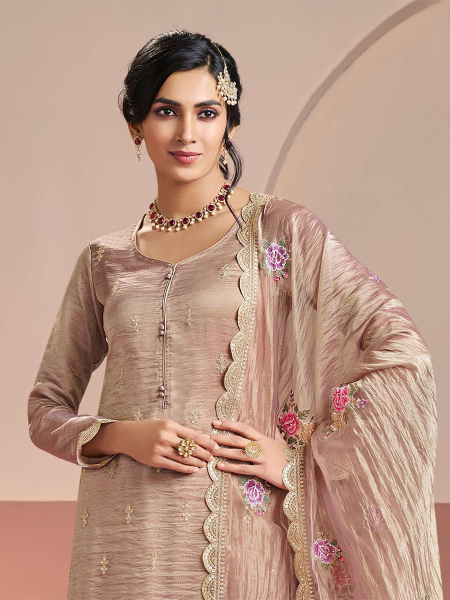 Peach Gold Silk Embroidery Wedding Party Festival Casual Pant Salwar Kameez