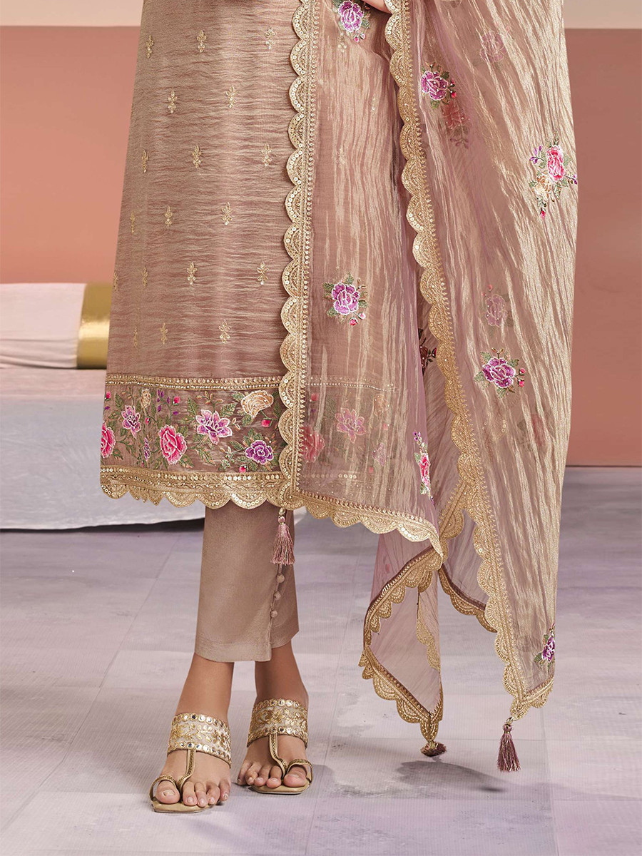 Peach Gold Silk Embroidery Wedding Party Festival Casual Pant Salwar Kameez