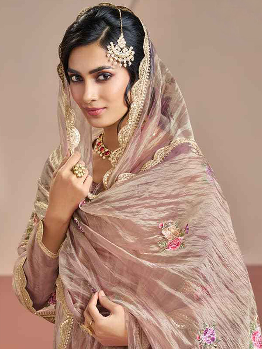 Peach Gold Silk Embroidery Wedding Party Festival Casual Pant Salwar Kameez