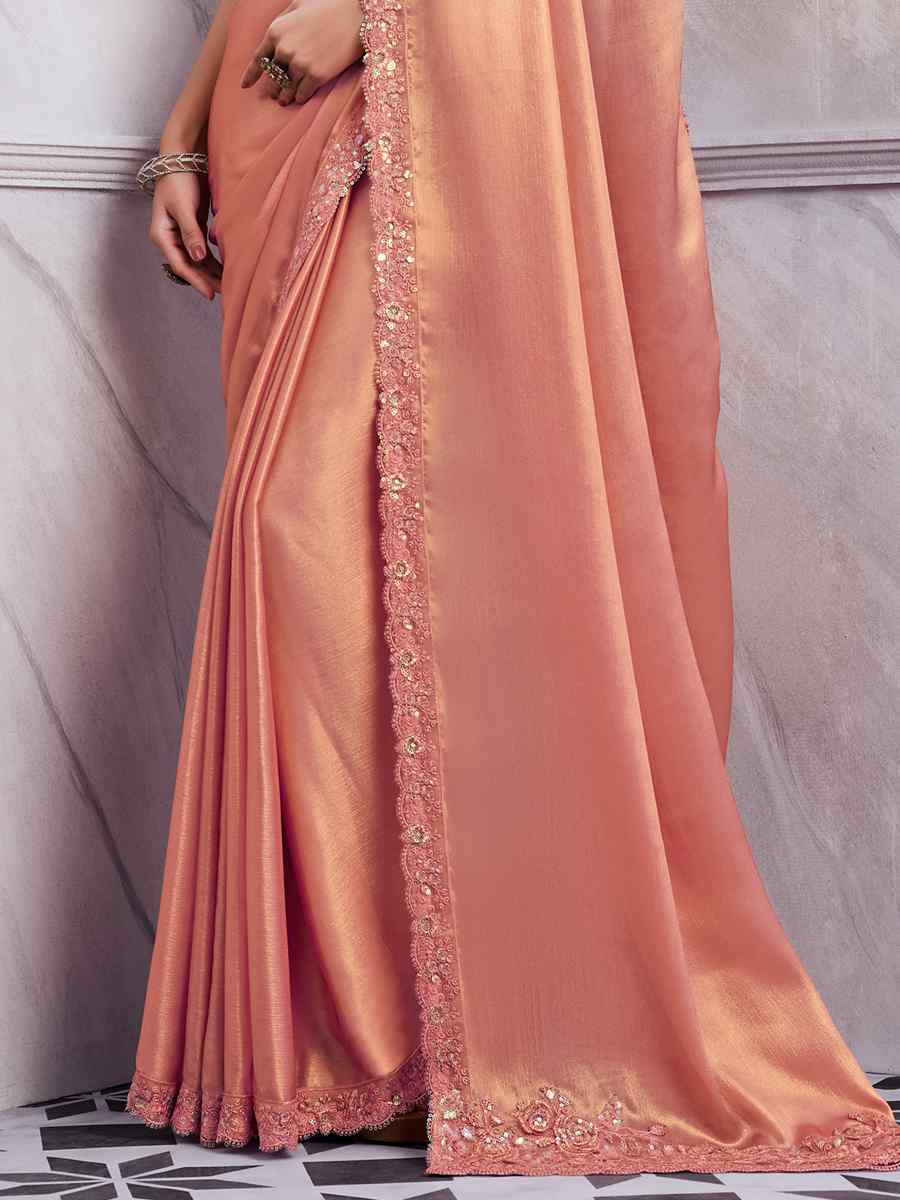 Peach Golden Shimmer Silk Embroidered Bridesmaid Reception Heavy Border Saree