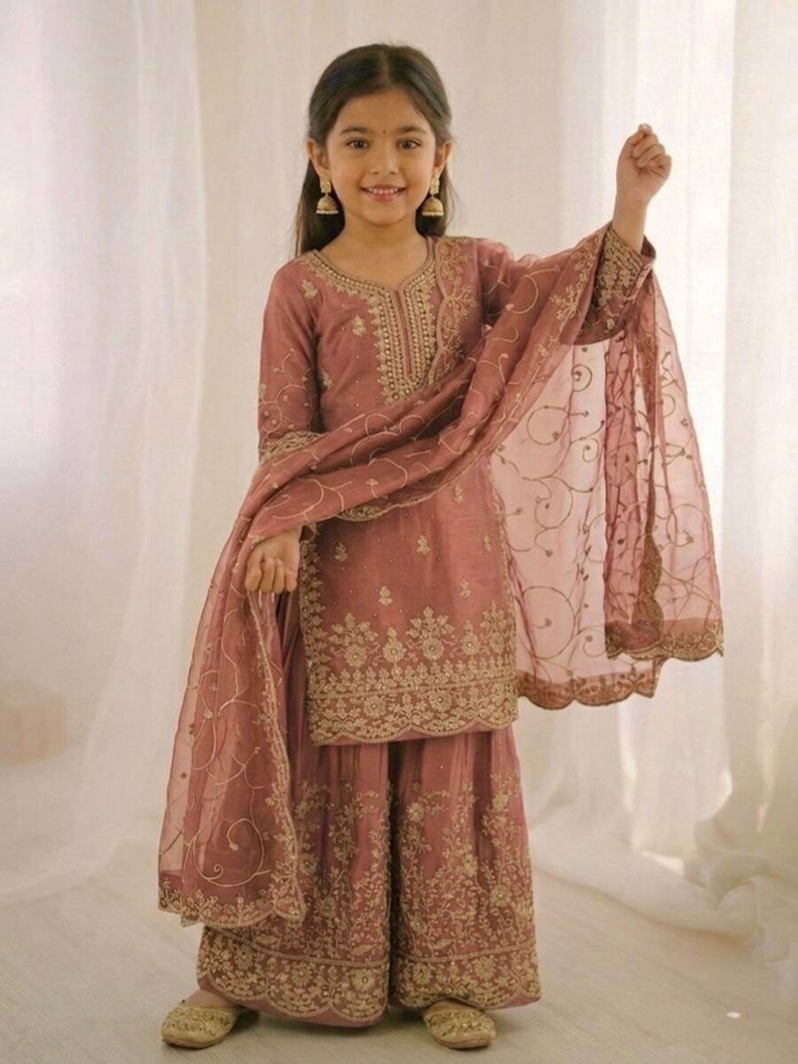 Peach Green GMY Silk Embroidered Sequins Ethnic Casual Festival Party Wedding Ready Kurta Sharara Girls Wear