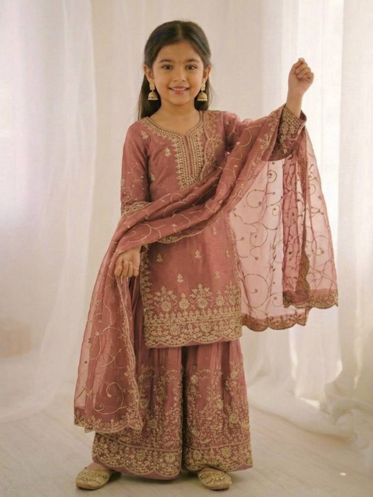 Image of Peach Green GMY Silk Embroidered Sequins Ethnic Casual Festival Party Wedding Ready Kurta Sharara Girls Wear