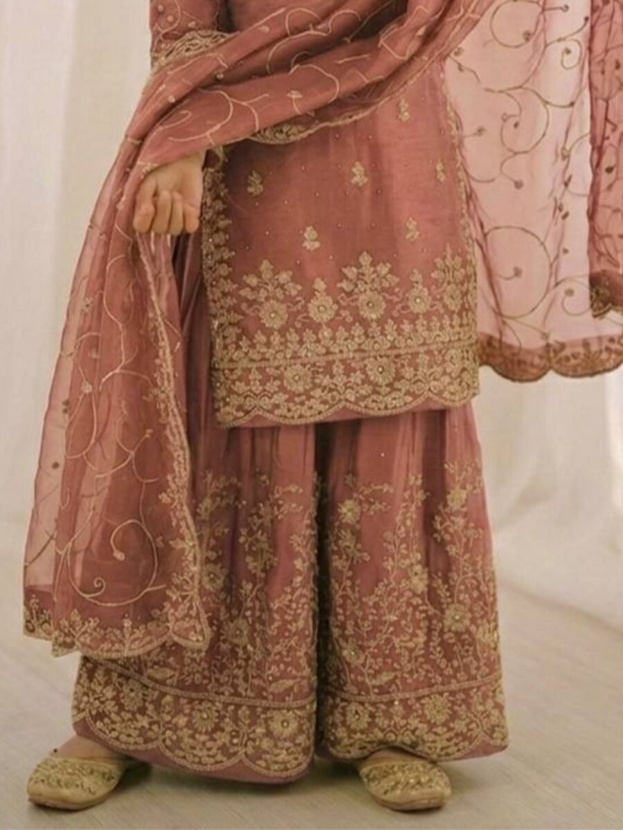 Peach Green GMY Silk Embroidered Sequins Ethnic Casual Festival Party Wedding Ready Kurta Sharara Girls Wear