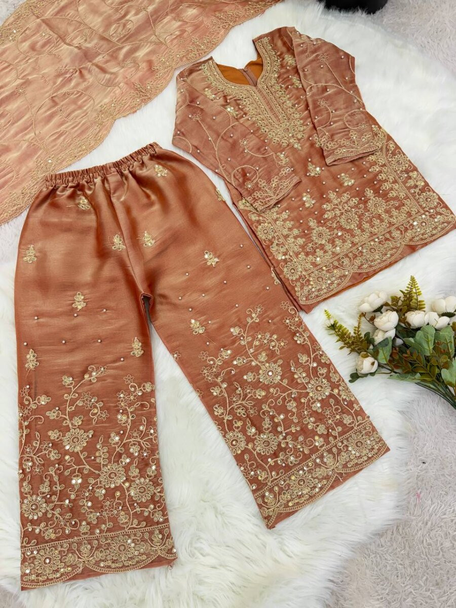 Peach Green GMY Silk Embroidered Sequins Ethnic Casual Festival Party Wedding Ready Kurta Sharara Girls Wear