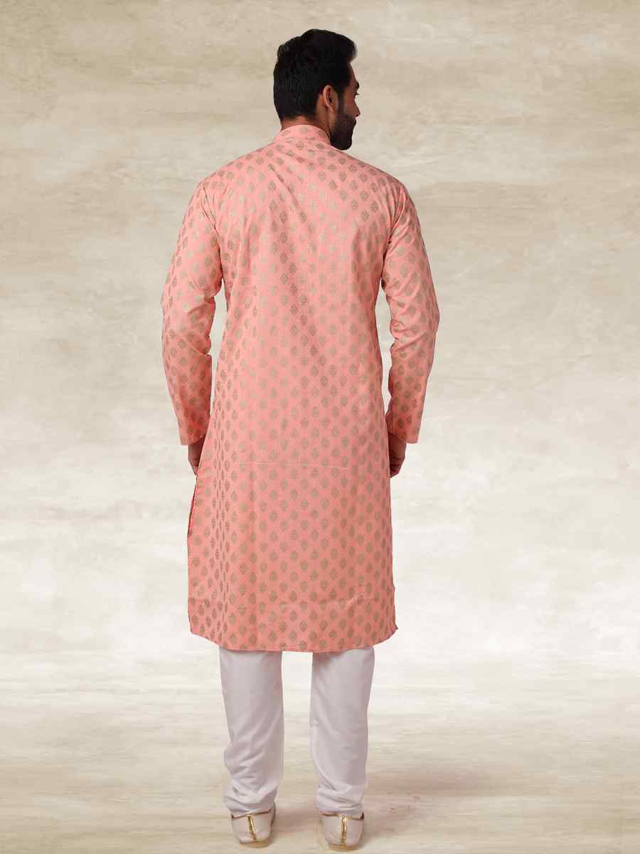 Peach Hand Loomed In Rich Yarns Of Cotton Printed Party Wedding Kurta