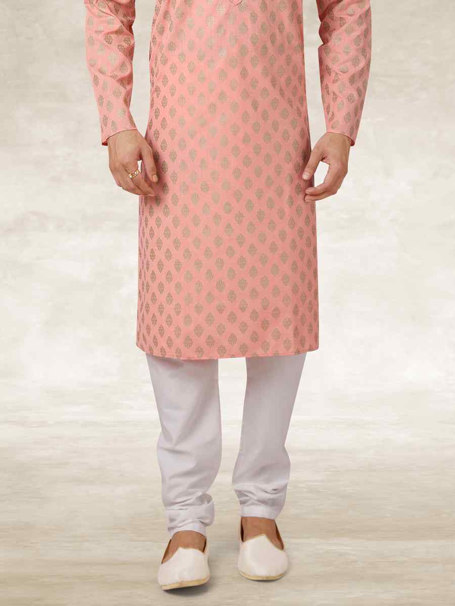 Peach Hand Loomed In Rich Yarns Of Cotton Printed Party Wedding Kurta