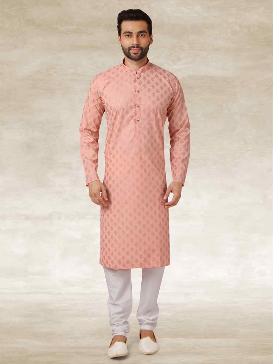 Peach Hand Loomed In Rich Yarns Of Cotton Printed Party Wedding Kurta