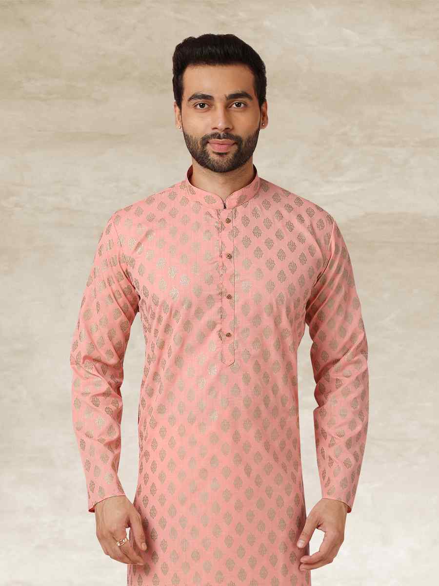 Peach Hand Loomed In Rich Yarns Of Cotton Printed Party Wedding Kurta