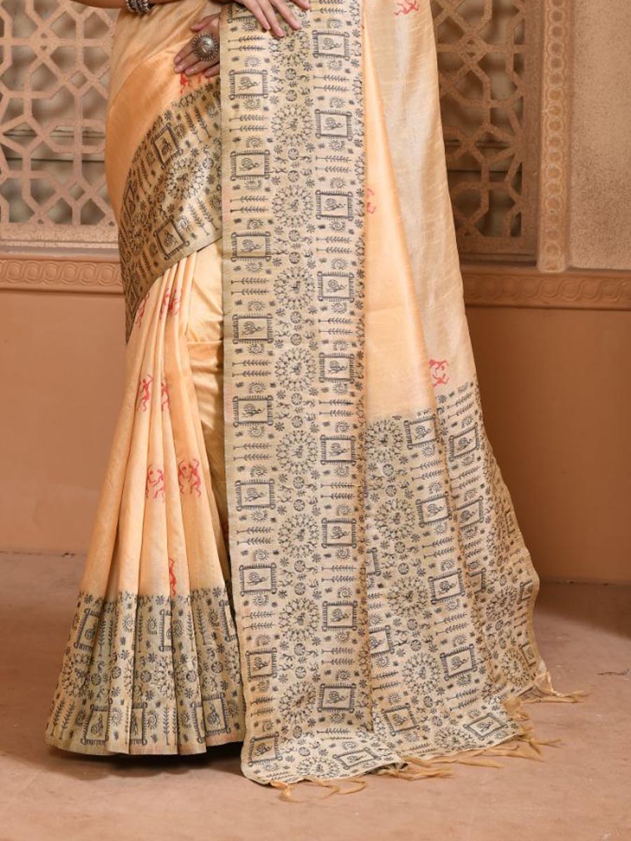 Peach Handloom Raw Silk Handwoven Casual Festival Heavy Border Saree