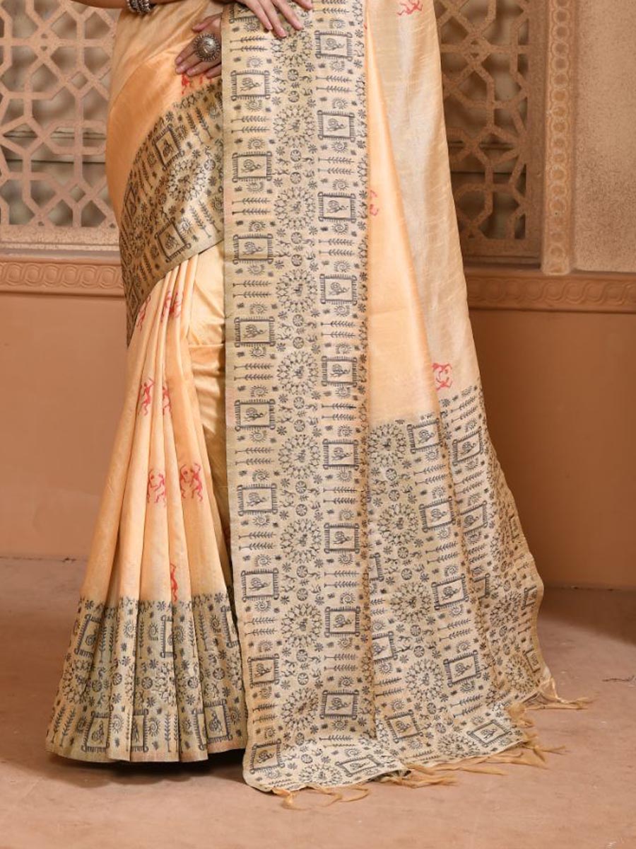 Peach Handloom Raw Silk Handwoven Casual Festival Heavy Border Saree