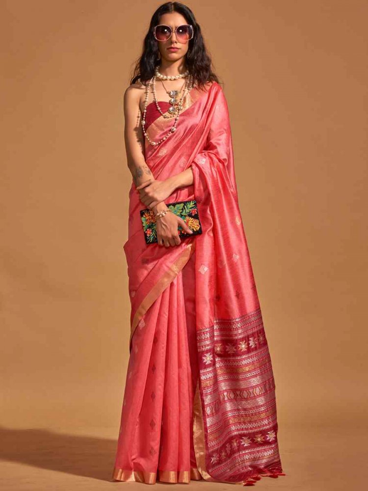 Peach Handloom Silk Handwoven Casual Festival Classic Style Saree
